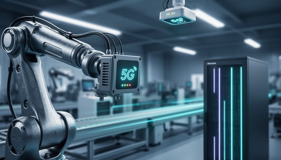 Close-up of a 5G IoT sensor mounted on a robotic arm with cool blue lighting, blurred smart factory production line in the background, a ceiling-mounted 5G small cell, and subtle light trails suggesting real-time data flow.