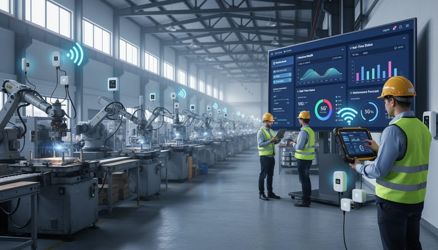 Modern manufacturing facility with IoT sensors and connected machinery on production floor