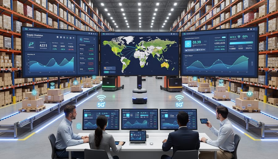 Warehouse worker managing automated logistics systems with IoT-connected devices and smart inventory tracking