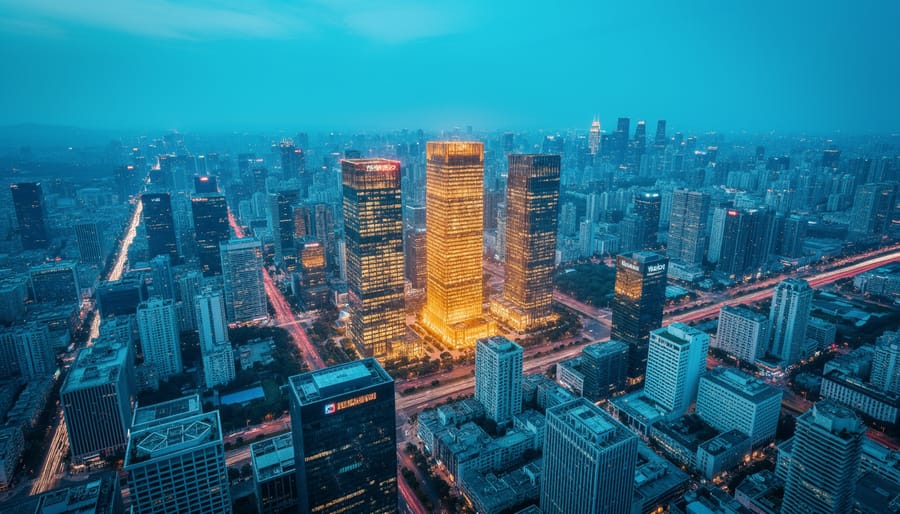 A blue-hour aerial cityscape with three warm-lit office towers standing out among many cooler buildings, suggesting targeted focus on high-value accounts.