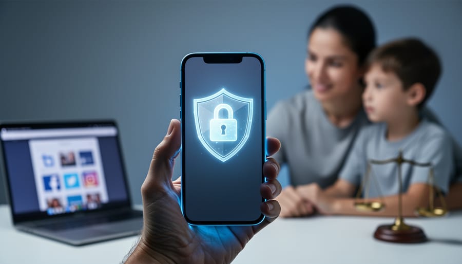 Adult hand holding a smartphone displaying a glowing padlock and shield hologram, with a blurred laptop and a parent beside a child in the background, symbolizing age verification and compliance on social platforms.