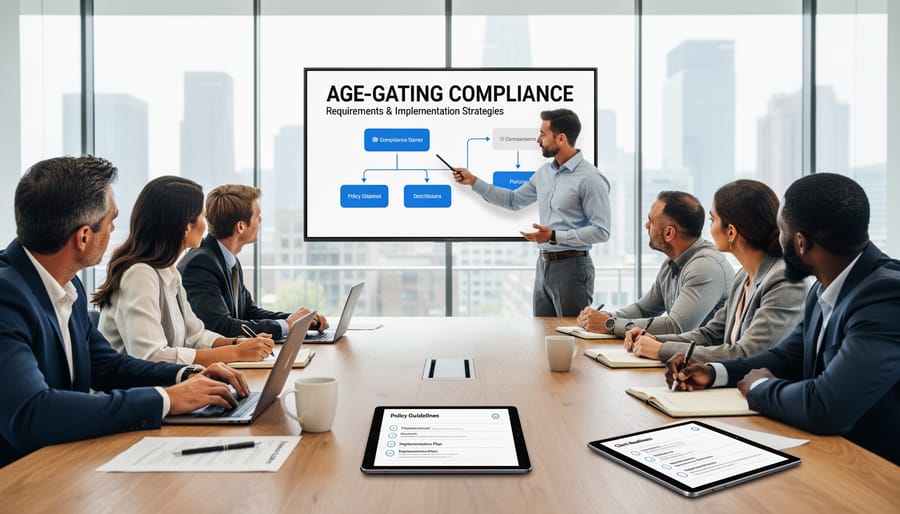 Marketing professionals in collaborative meeting discussing compliance strategies