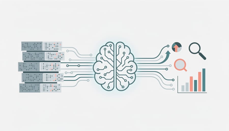 Hands typing on laptop with AI neural network visualization representing automated analytics