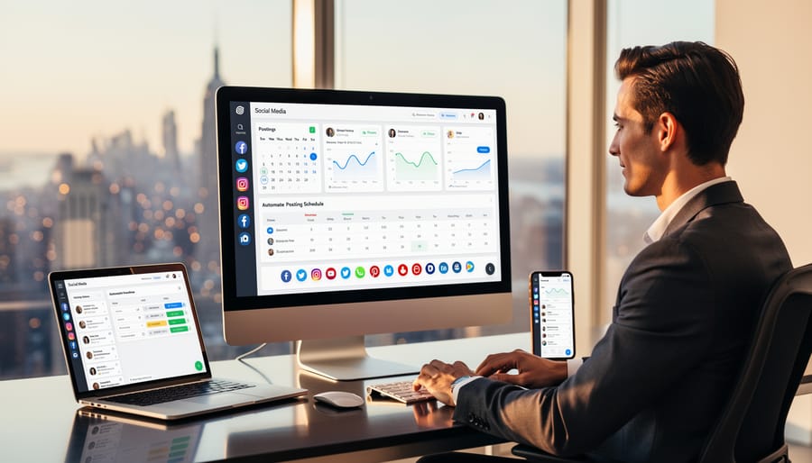 Smartphone showing social media interface held over laptop in modern workspace