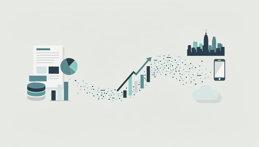 Business professional working on laptop with digital data visualization elements