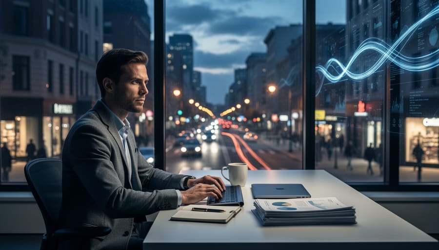 Small-business analyst at a desk gazing through a large window at a busy city street at night, with subtle abstract light trails reflected on the glass and cool blue lighting, no visible on-screen text.