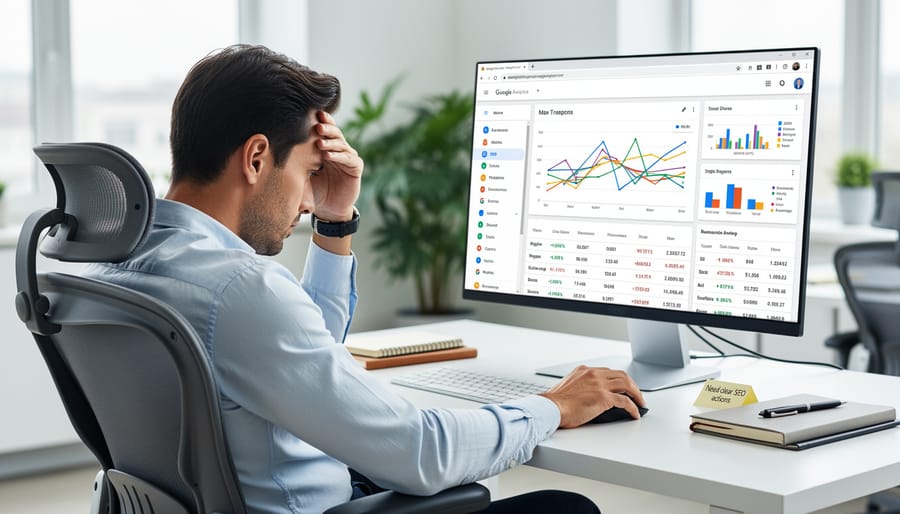 Business professional surrounded by multiple analytics dashboards showing data overwhelm