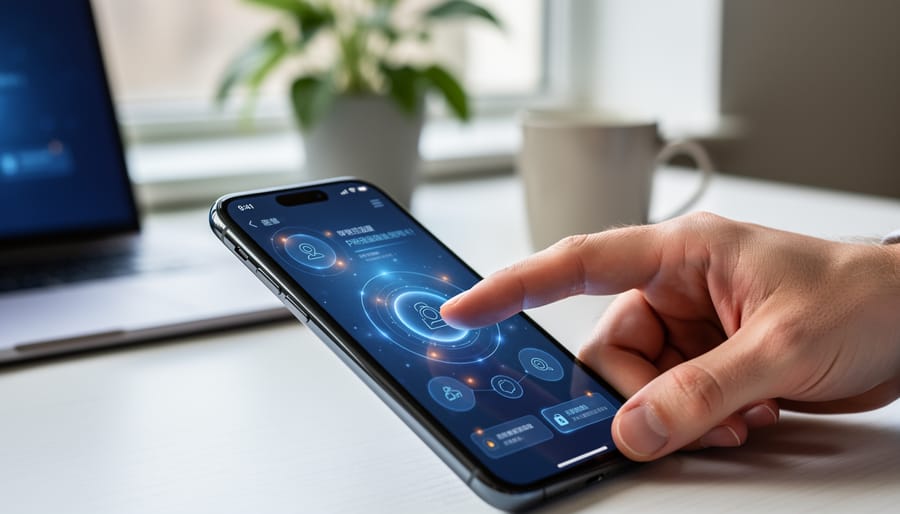 Close-up of a hand about to tap a smartphone showing abstract glowing guidance cues, set against a blurred home-office desk with a laptop, coffee mug, and plant.