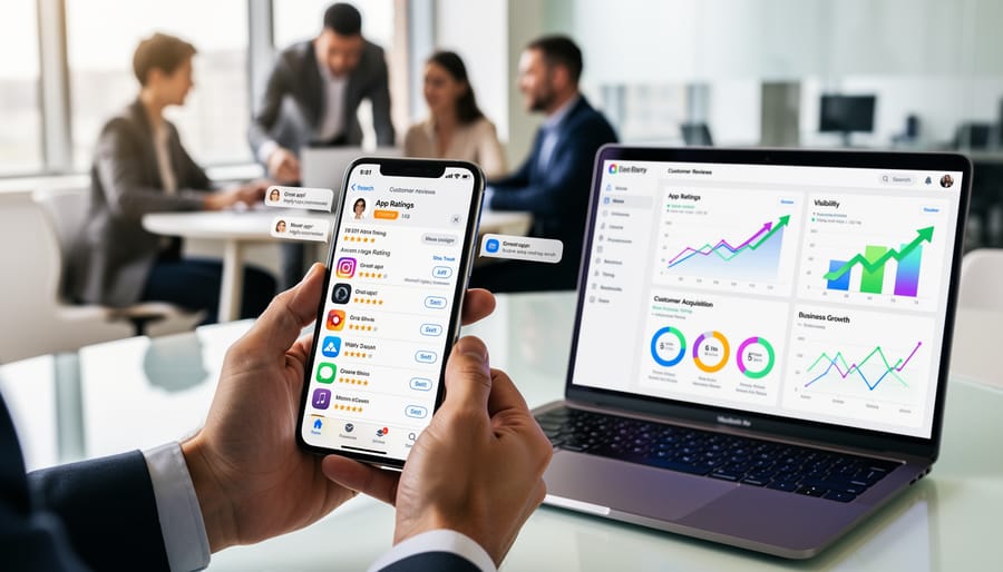 Business person holding smartphone showing app rating interface with five stars