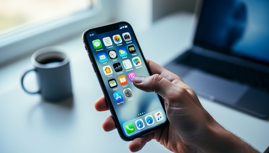 Close-up of a hand holding a smartphone with thumb hovering near an unlabeled app icon, lit by soft daylight, with a blurred laptop and coffee mug in the background.