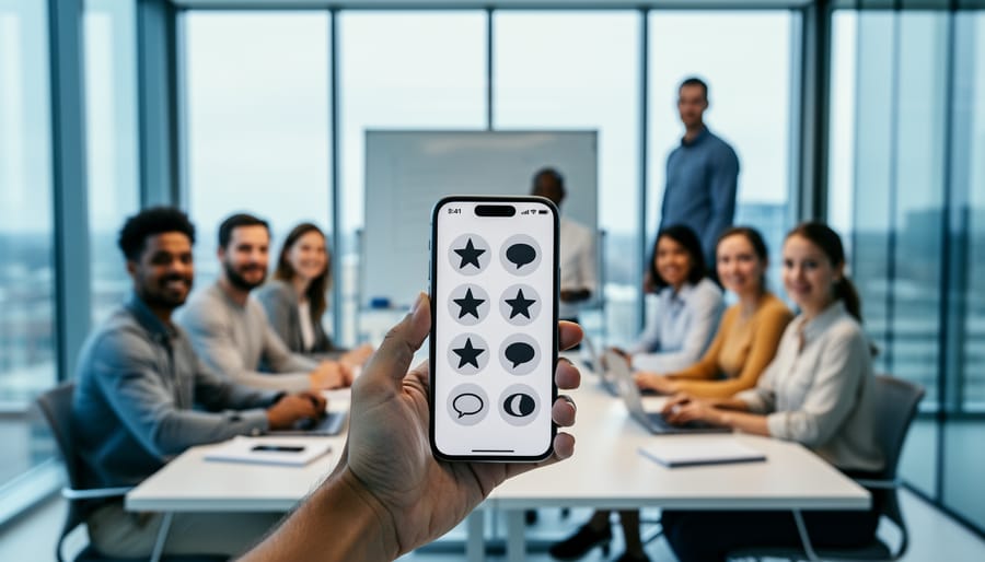 Foreground hand holds a smartphone showing prominent star icons while a diverse team collaborates in a modern office; background laptops and whiteboard are blurred with no visible text, lit by soft natural daylight.