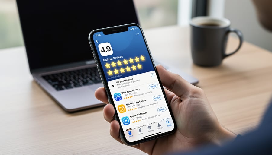 Person interacting with five-star rating display on tablet screen