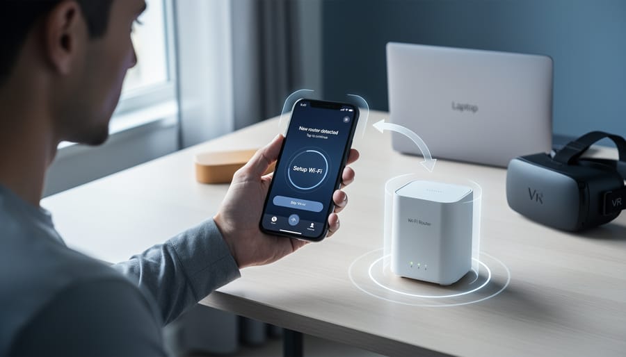 Over-the-shoulder view of a person using a smartphone to see AR visual cues around a Wi‑Fi router, with soft daylight and a blurred background showing a VR headset and laptop, no visible text or logos