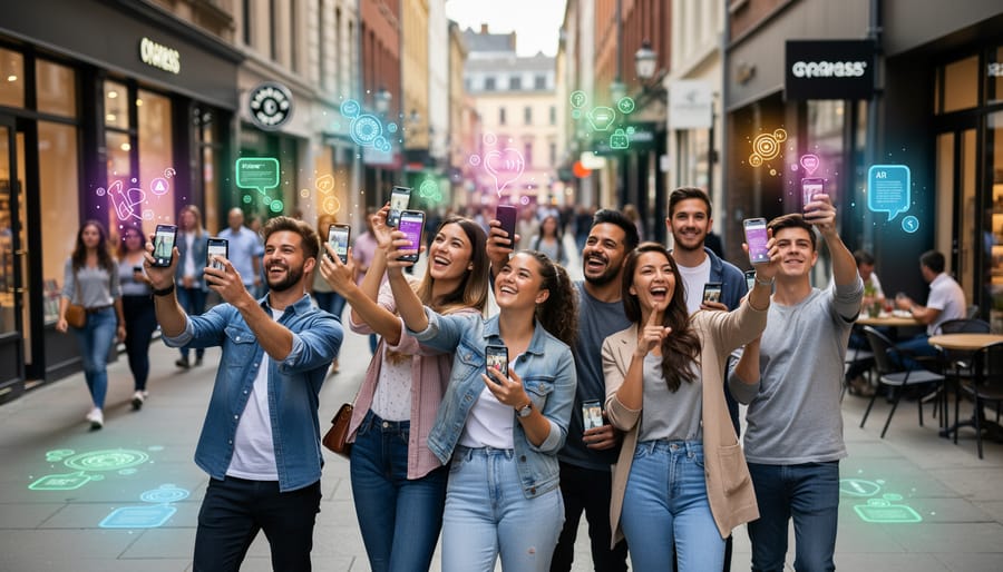 Group of people participating in location-based AR gaming experience on smartphones