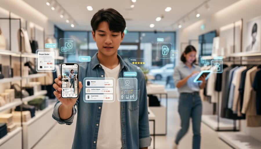 Shopper using smartphone AR application in retail mall environment