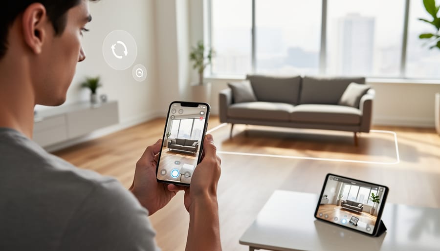 Person using smartphone AR application to visualize furniture in living room