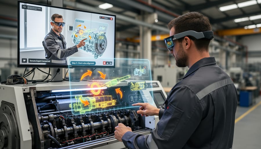 Technician using AR glasses for remote equipment troubleshooting in industrial setting