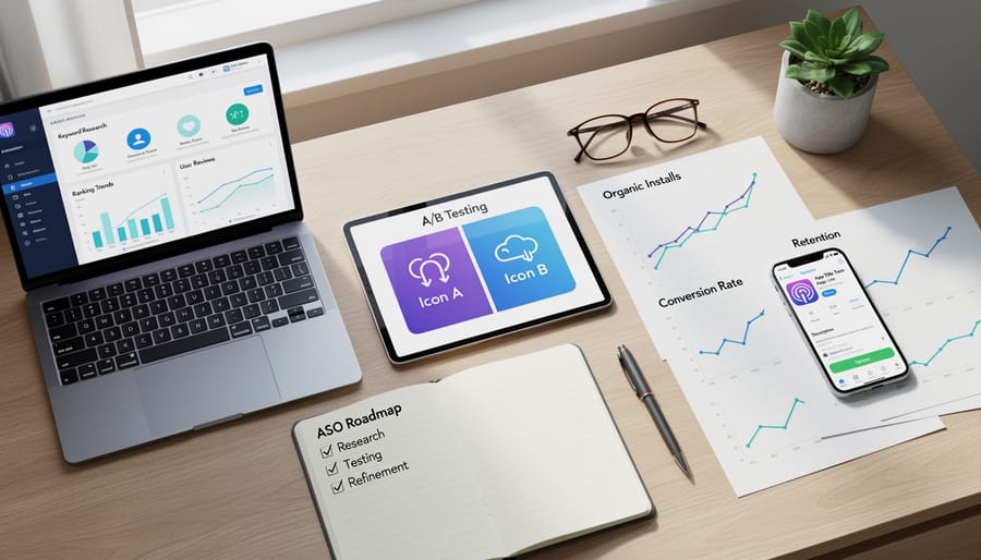 Organized workspace with mobile devices, notebook, and planning materials on desk