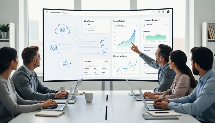 Professional workspace with dual monitors showing data analytics and automation tools