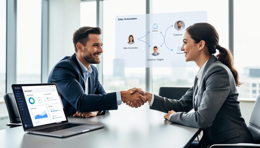 Business professionals in face-to-face discussion with technology supporting rather than dominating the interaction