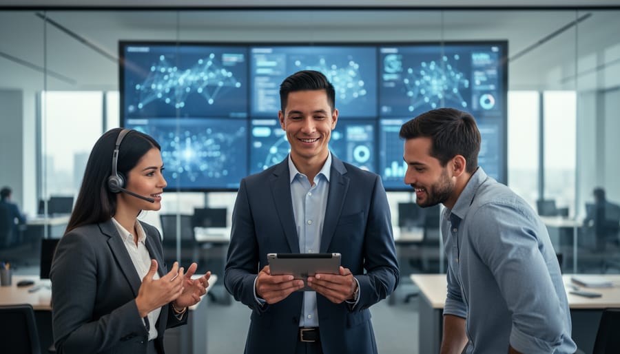 B2B customer experience team in a glass-walled operations room, a manager holding a tablet with a support rep and analyst beside them, in front of a blurred multi-screen wall displaying abstract connected data.
