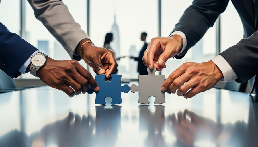 Close-up of three professionals’ hands joining matte puzzle pieces on a sleek boardroom table, with a softly blurred glass-walled office and city skyline in the background, lit by diffused daylight.