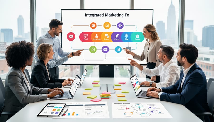 Business professionals collaborating in modern office setting with digital devices