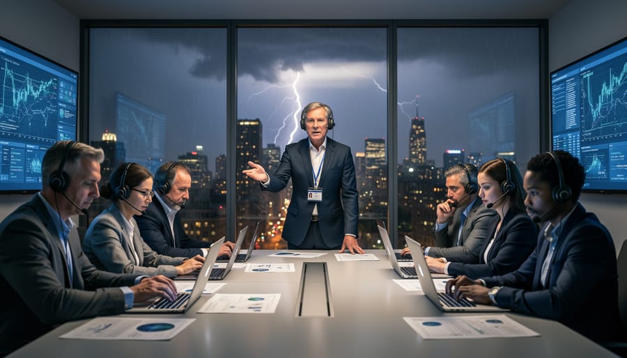 Crisis management team in a glass-walled office at night, leader directing colleagues on headsets working on laptops, with rain-streaked windows, blurred city skyline, and distant lightning suggesting urgent yet controlled action.
