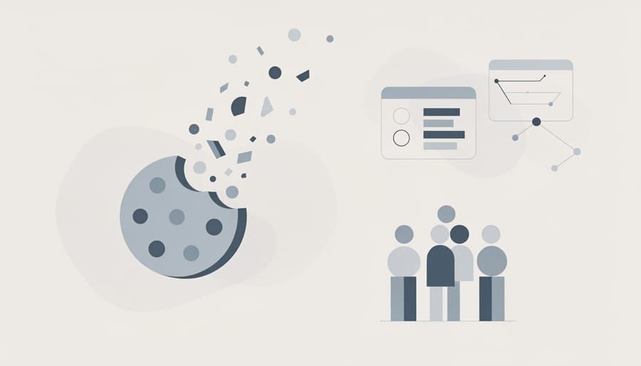 Broken cookie pieces on office desk near laptop representing the end of performance cookies