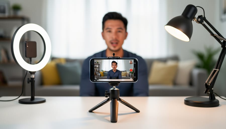 Smartphone video recording setup with ring light for customer testimonial