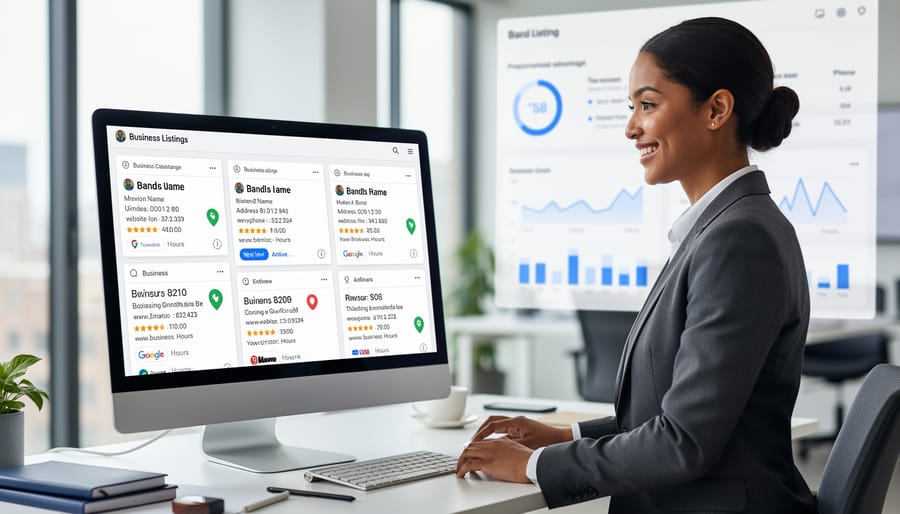 Confident business owner working on computer managing online business listings