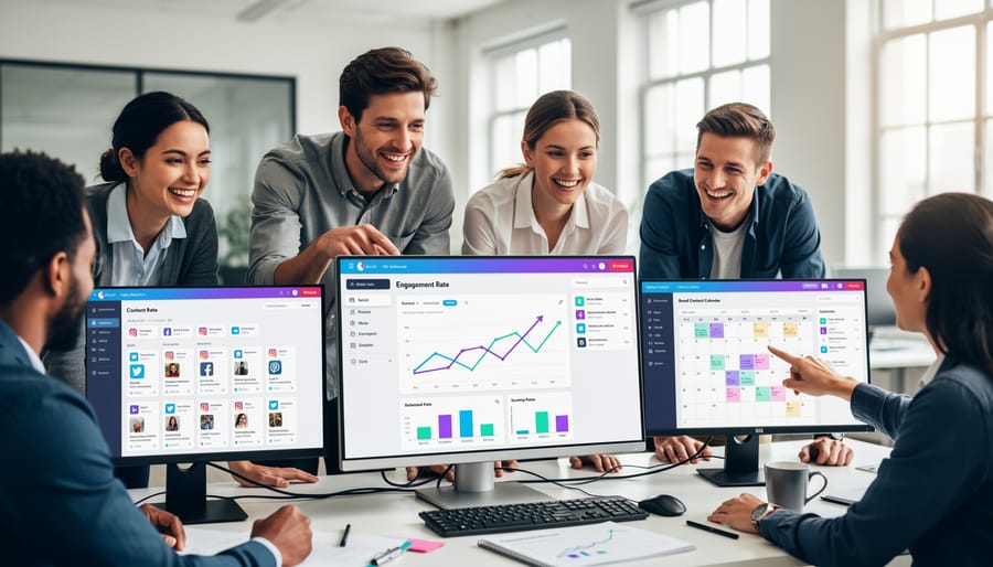 Business team celebrating improved social media marketing results in modern office