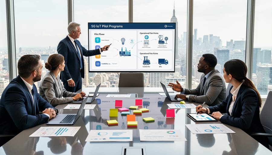 Business team collaborating on technology implementation strategy in modern office setting