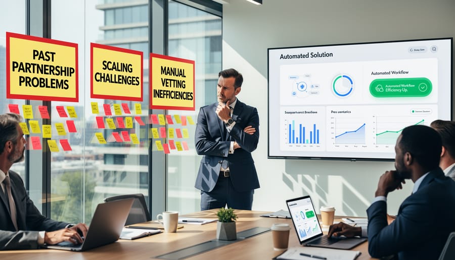 Business team reviewing partnership problems and vetting challenges at meeting