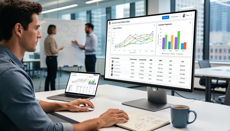 Business professional working on financial data analysis on laptop