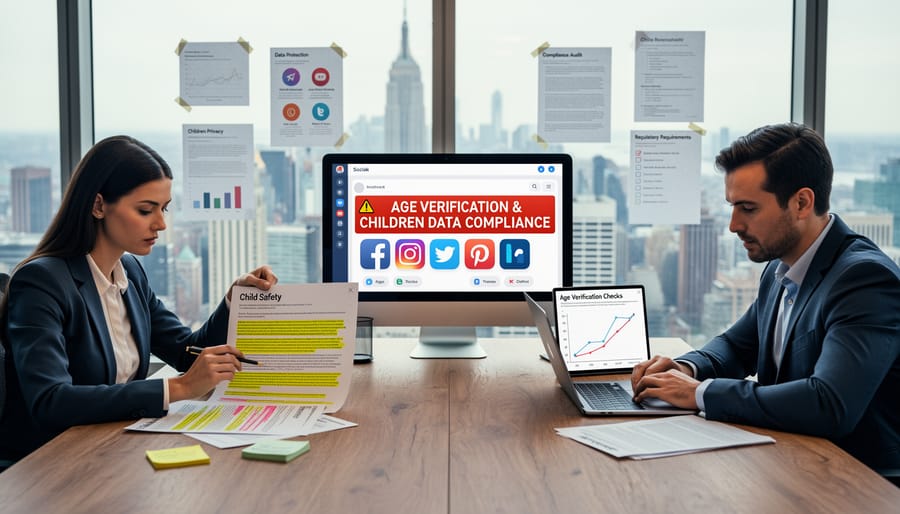 Business owner reviewing compliance requirements on laptop in professional office setting