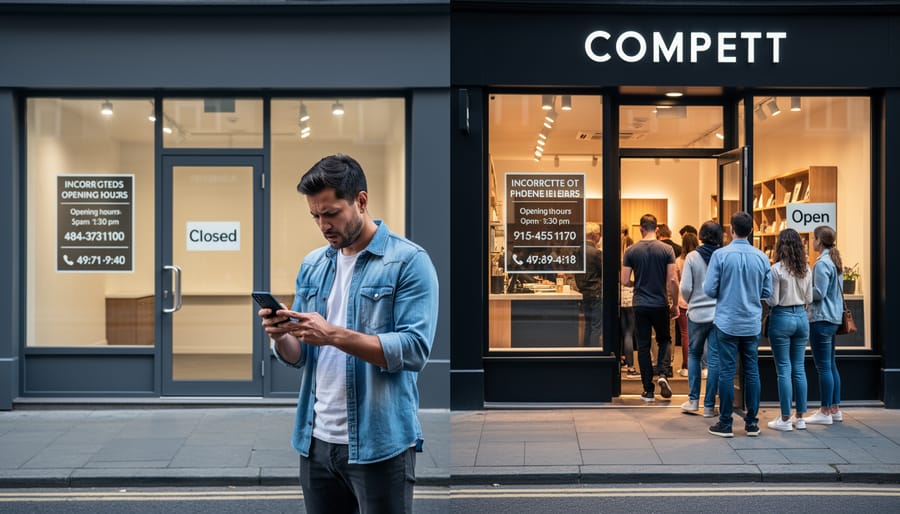 Customer looking confused while checking business information on smartphone outside storefront
