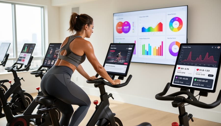Close-up of cyclist's feet on Peloton bike pedals during home workout