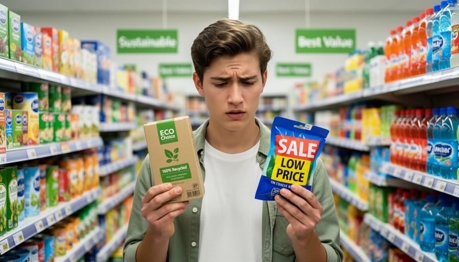 Shopper reaching for produce in grocery store with conventional and sustainable options visible