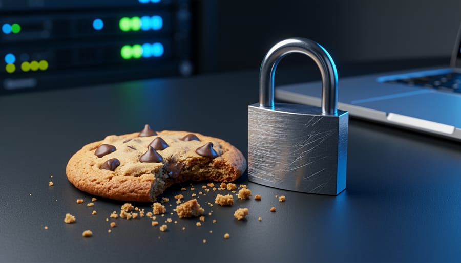 Close-up of a crumbled chocolate chip cookie next to a metal padlock on a sleek desk, with blue server rack lights softly blurred in the background