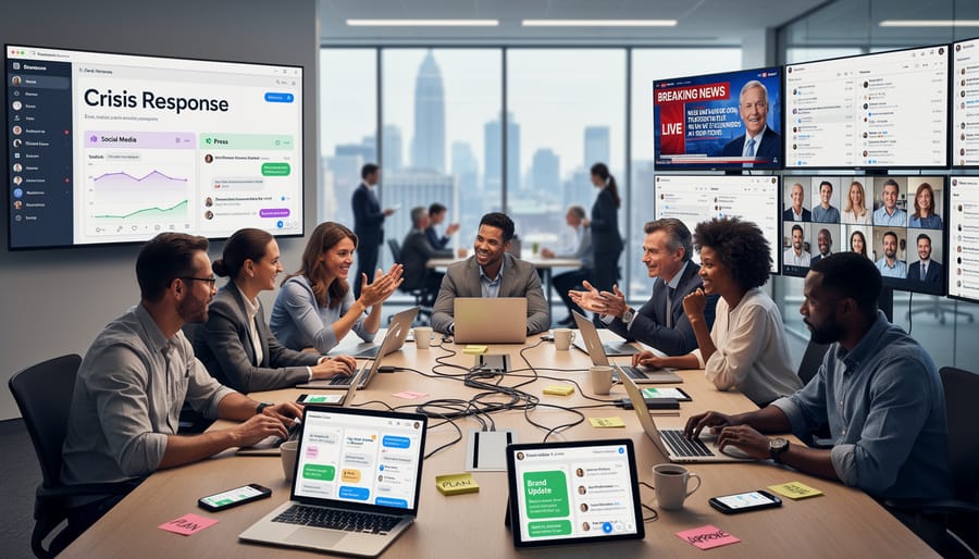 Business team in urgent discussion during crisis management meeting