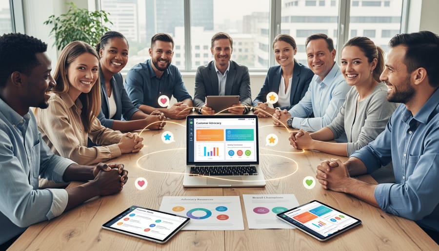 Business professionals engaged in collaborative conversation about customer advocacy