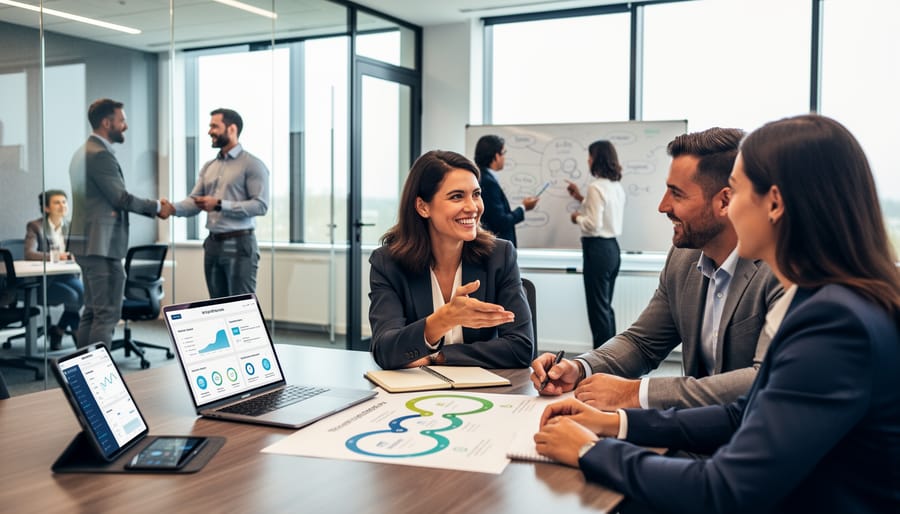 Business professionals collaborating with digital tools while maintaining personal connection