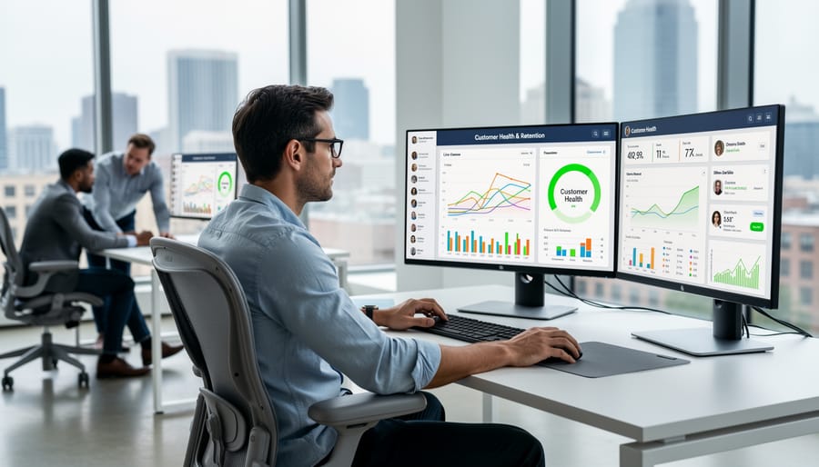 Business professional reviewing customer health data on tablet device