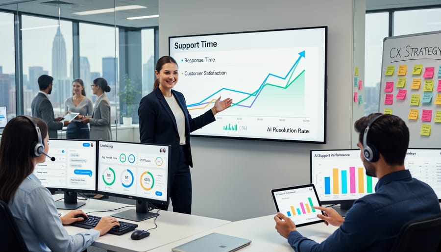 Business professional reviewing customer service performance metrics on laptop