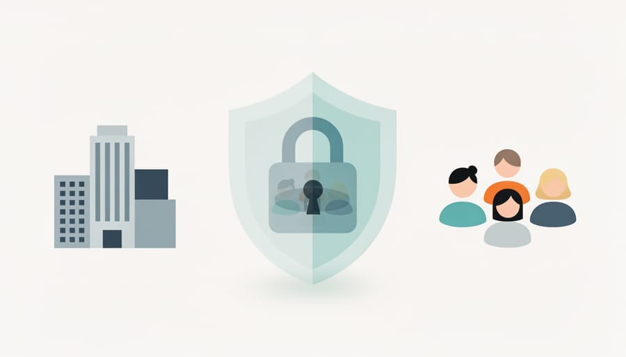 Business professionals reviewing data privacy and security protocols in modern office setting