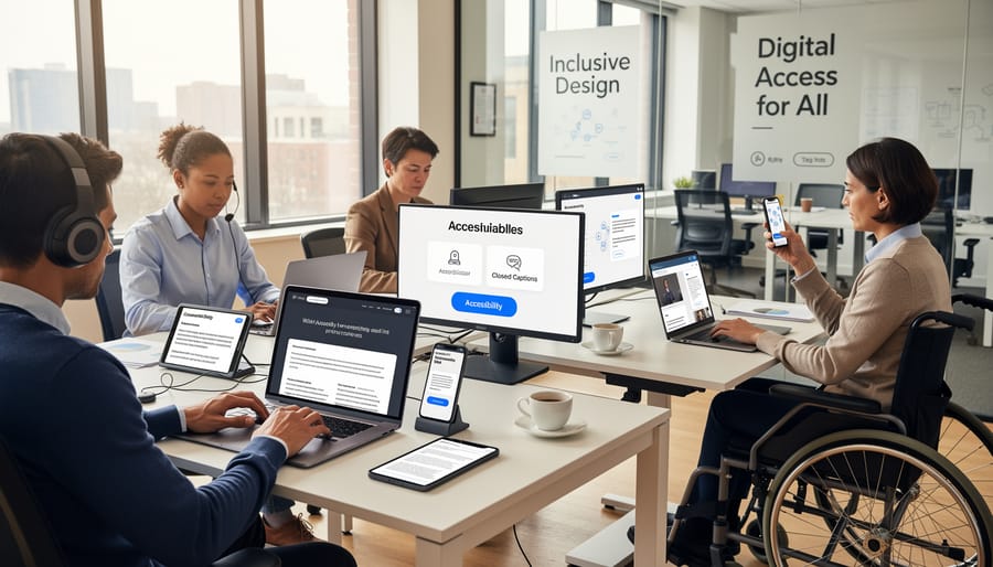 Person using wheelchair accessing digital content on tablet in accessible office environment