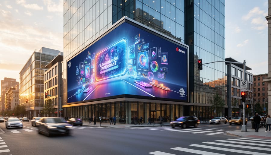 Illuminated digital billboard in urban plaza at dusk with pedestrians walking past