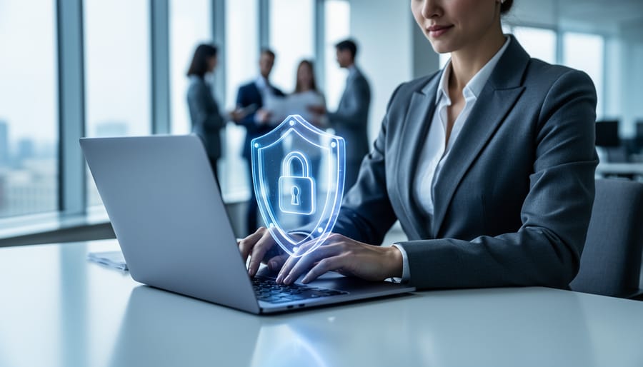 Business professional at a laptop with a glowing translucent shield and lock hologram, soft daylight, blurred modern office background, symbolizing digital ethics and data protection