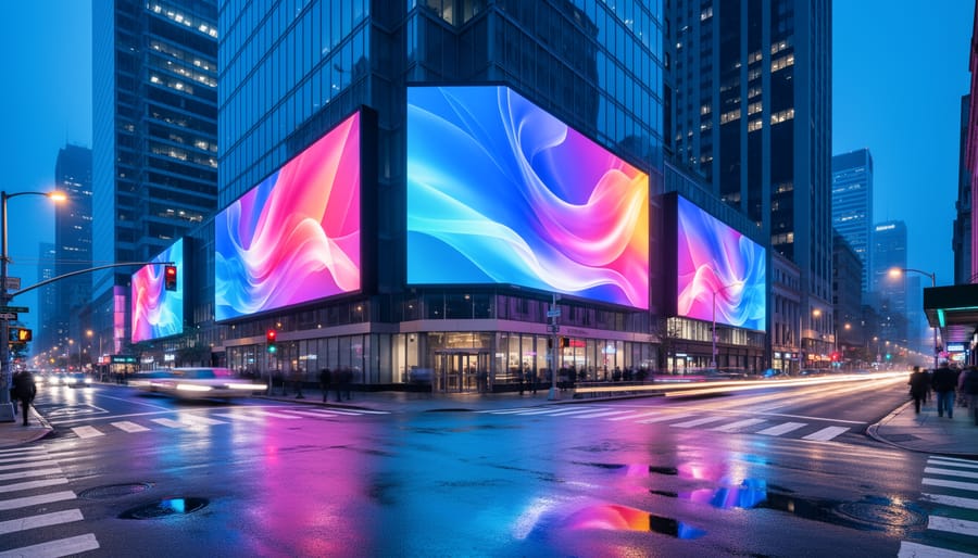 Eye-level view of a city street corner at blue hour with several large digital billboards showing colorful abstract graphics, neon reflections on wet pavement, pedestrians blurred in motion, and car light trails; no text visible.
